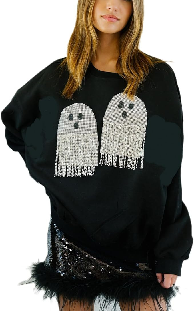 Meiweileya Womens Y2k Halloween Spooky Ghost Candy Corn Sequin Graphic Sweatshirt | Amazon (US)