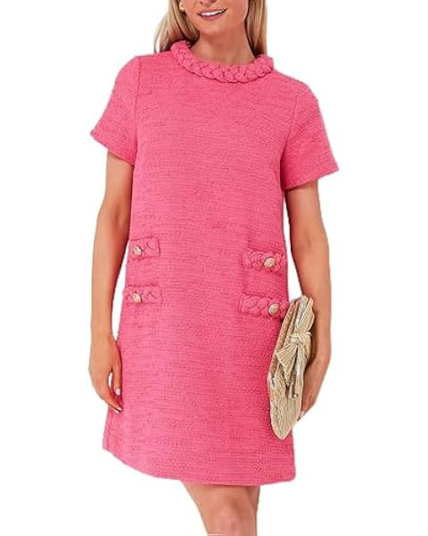 Women's Tweed Dress Short Sleeve Crew Neck A-line Party Vintage Mini Skirt Causal Dresses | Amazon (US)