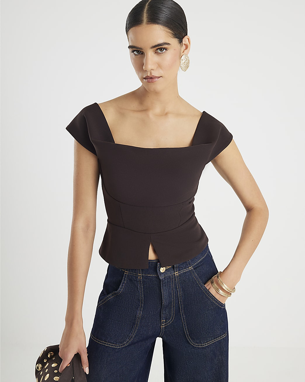 Brown Cowl neck Corset Top | River Island UK & IE