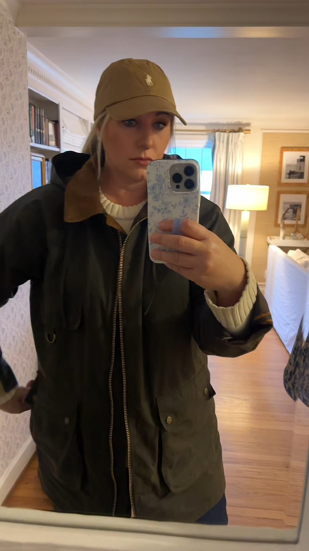 Rainy fall day outfit. Out the door in my favorite Barbour waxed jacket, cozy cotton sweater, & a khaki Ralph Lauren ball cap.

#LTKTall #LTKSeasonal #LTKOver40