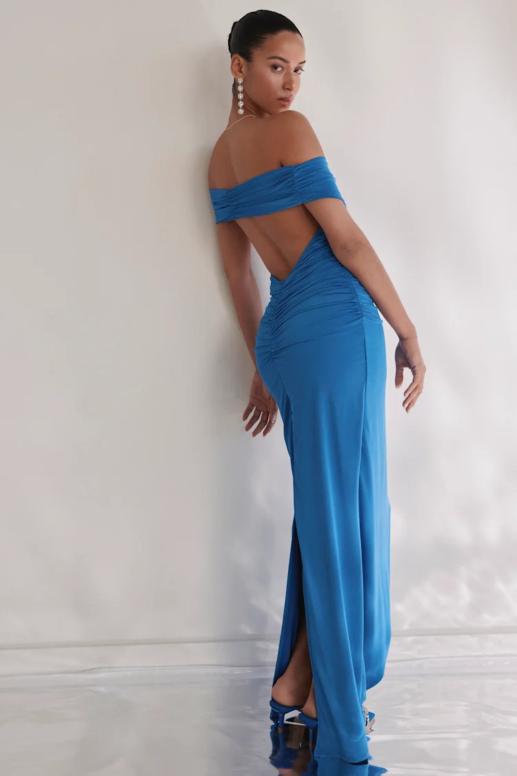 Brilliant Elegance Blue Off-the-Shoulder Backless Maxi Dress | Lulus