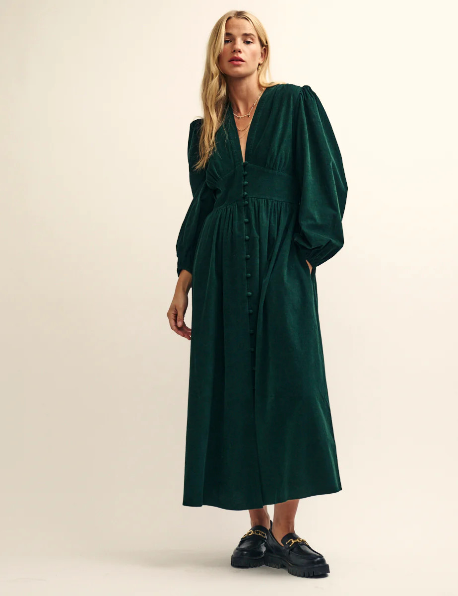 Dark Green Cord Long Sleeve Starlight Midi Dress | Nobody's Child