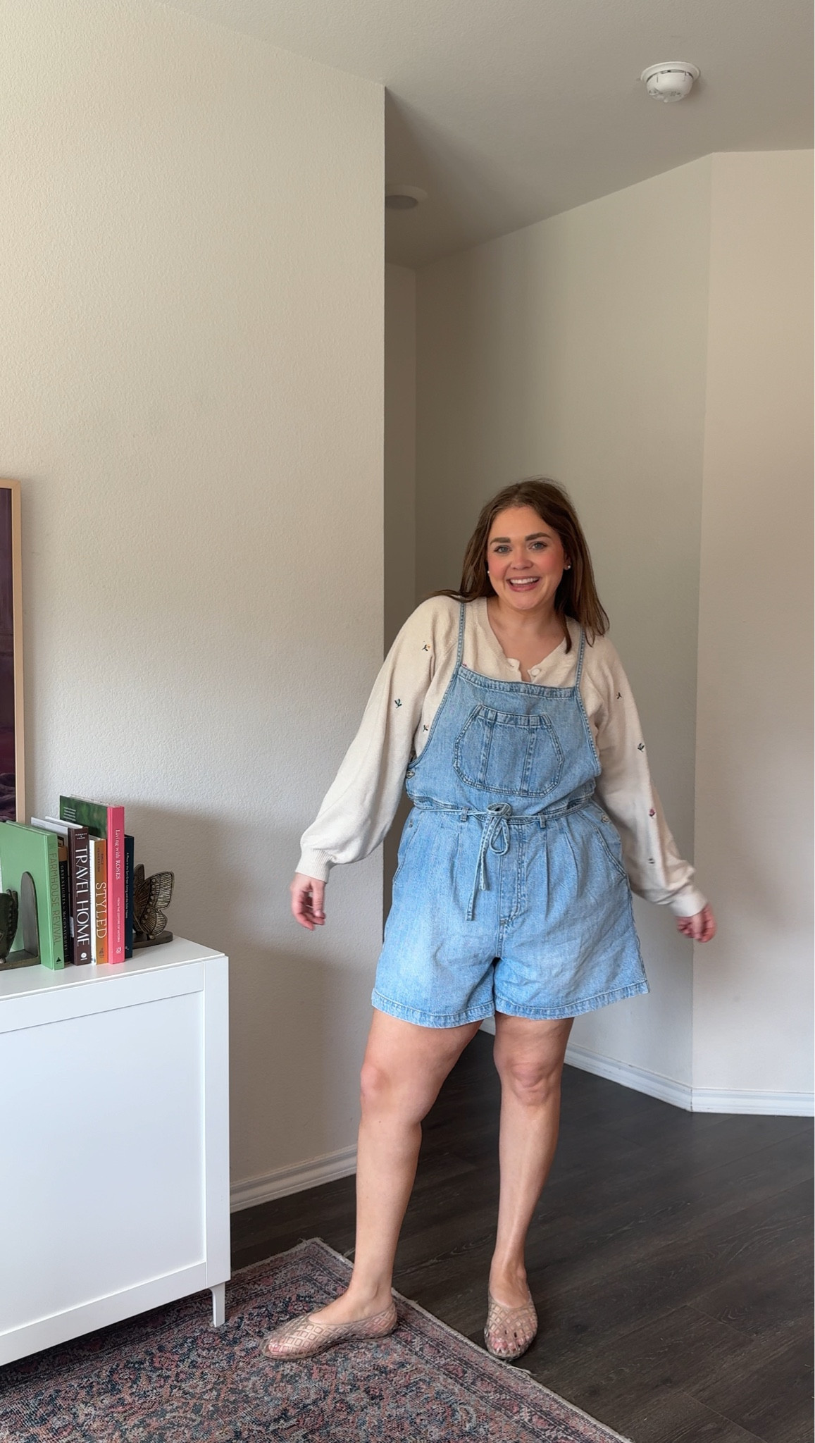 Spring shortalls overalls outfit wearing xxl in cardigan but could size down and 1x in overalls 

#LTKPlusSize #LTKMidsize