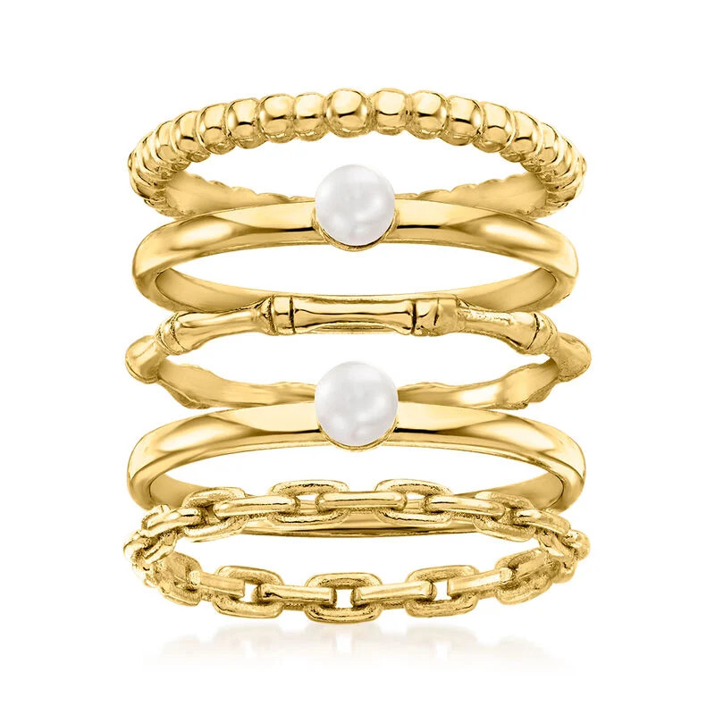 3.5mm Cultured Pearl Jewelry Set: Five Stackable Rings in 18kt Gold Over Sterling | Ross-Simons