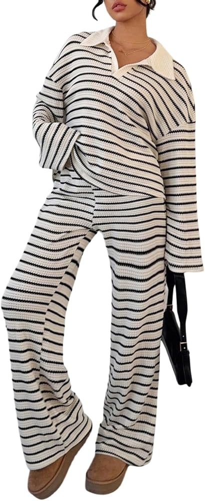 Verdusa Women's 2 Piece Striped Print Set Collared Long Sleeve Top and Wide Leg Pants Set | Amazon (US)