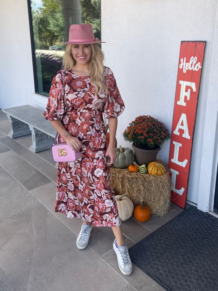 The perfect fall dress for a day of wine tasting 

Use my code: Littlemeandfree to save 20% off site-wide. 

Floral dress, vici, fall midi dress, pink hat, pink purse, golden goose 

#LTKfindsunder100 #LTKtravel #LTKshoecrush