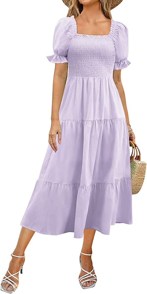 Yousify Women's Summer Dress Casual Short Sleeve Square Neck Flowy Smocked Dress Midi Dress | Amazon (US)