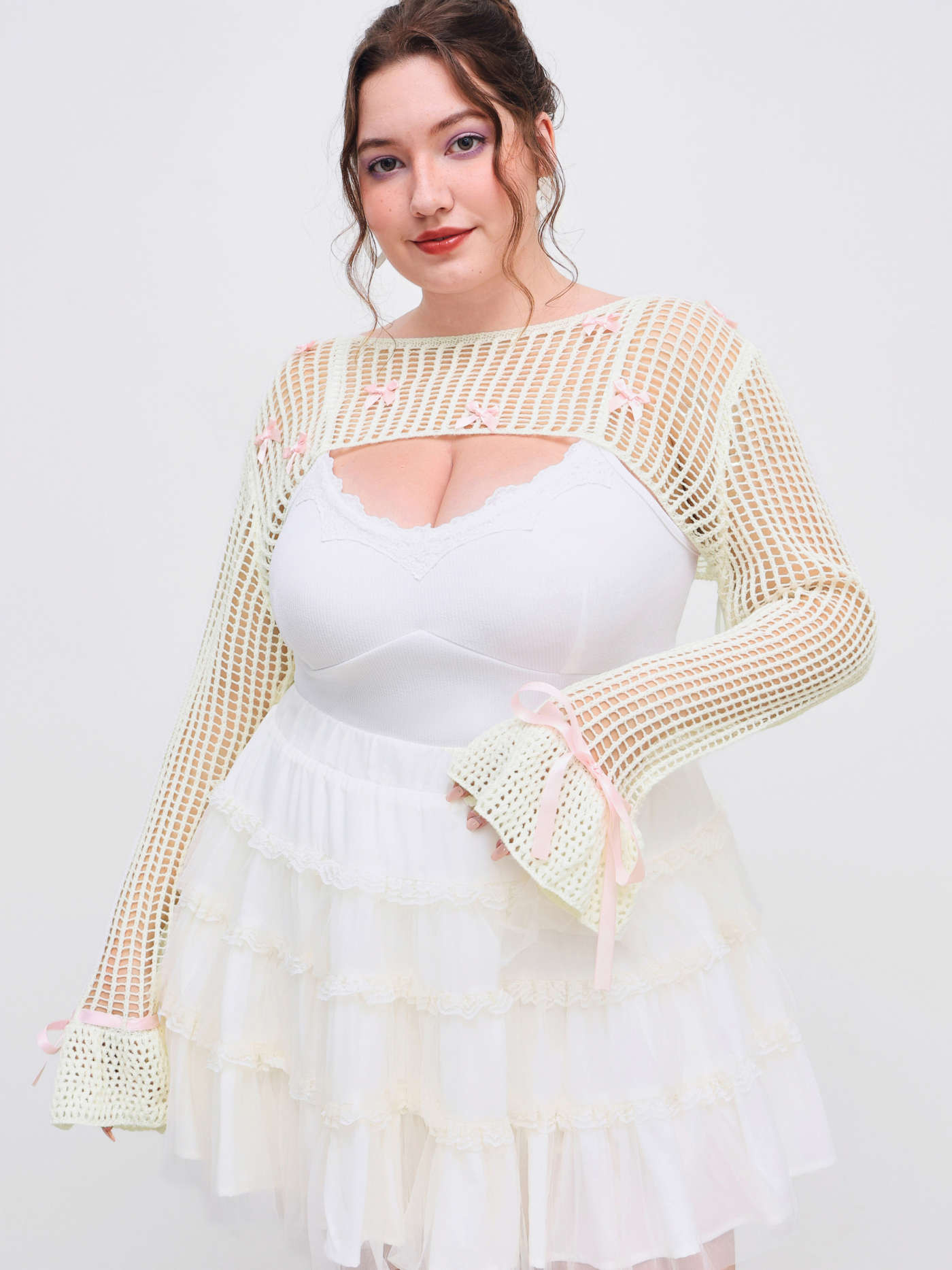 Knitted Boat Neck Bowknot Crop Long Sleeve Shrug Curve & Plus | Cider