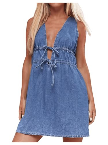 SHENHE Women's Deep V Neck Tie Bow Sleeveless Denim Mini Dress Summer Casual Jean Tank Dresses | Amazon (US)