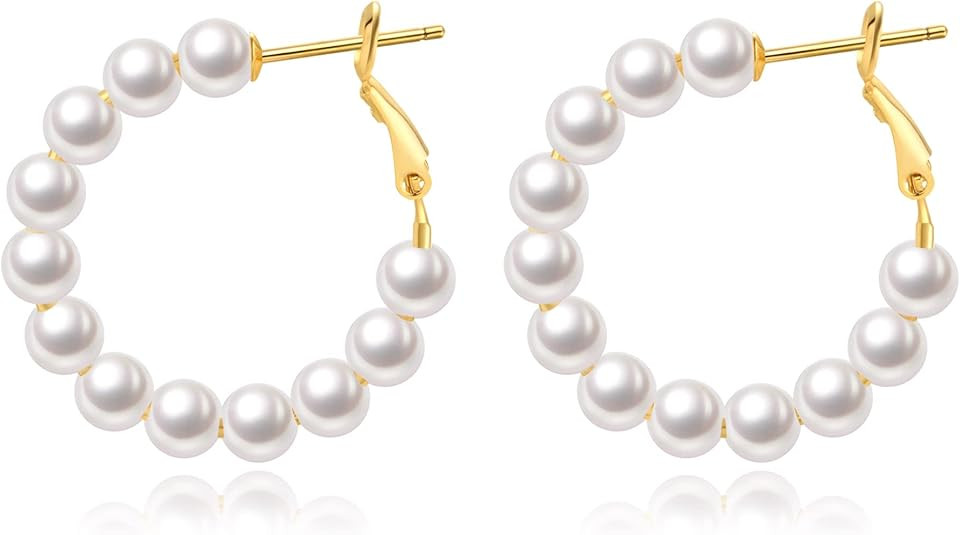Pearl Hoop Earrings for Women Small Pearl Hoop Earrings 14K Gold Plated Lightweight Open Large Ci... | Amazon (US)