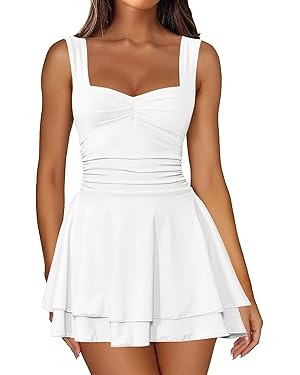 IWD Women's Square Neck Sleeveless Mini Dress Ruched Waist Tiered Ruffle Hem A Line Short Dresses | Amazon (US)