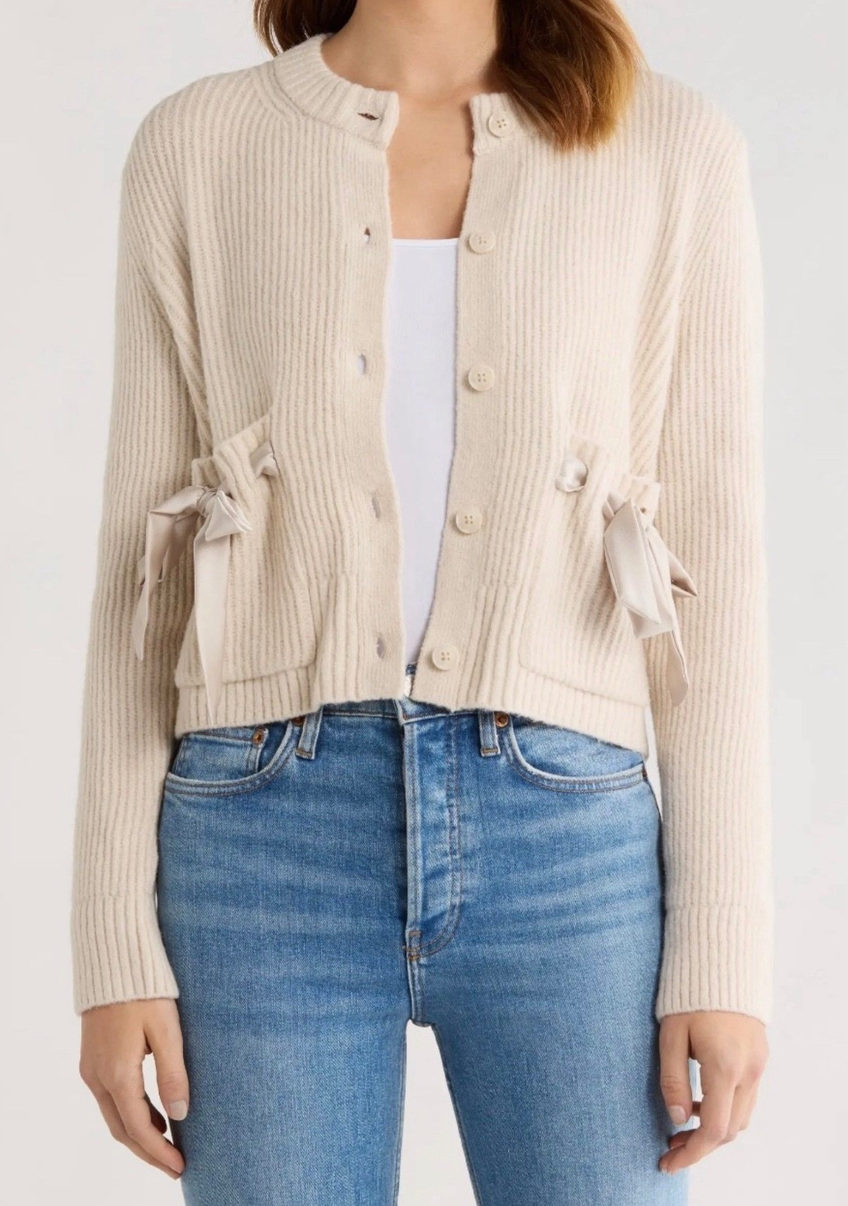 Cardigan 
Bow cardigan 
Jeans 

#LTKGiftGuide #LTKHoliday