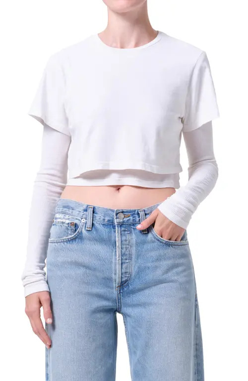 AGOLDE Romily Layered Long Sleeve Crop Top in White Ash White at Nordstrom, Size X-Large | Nordstrom