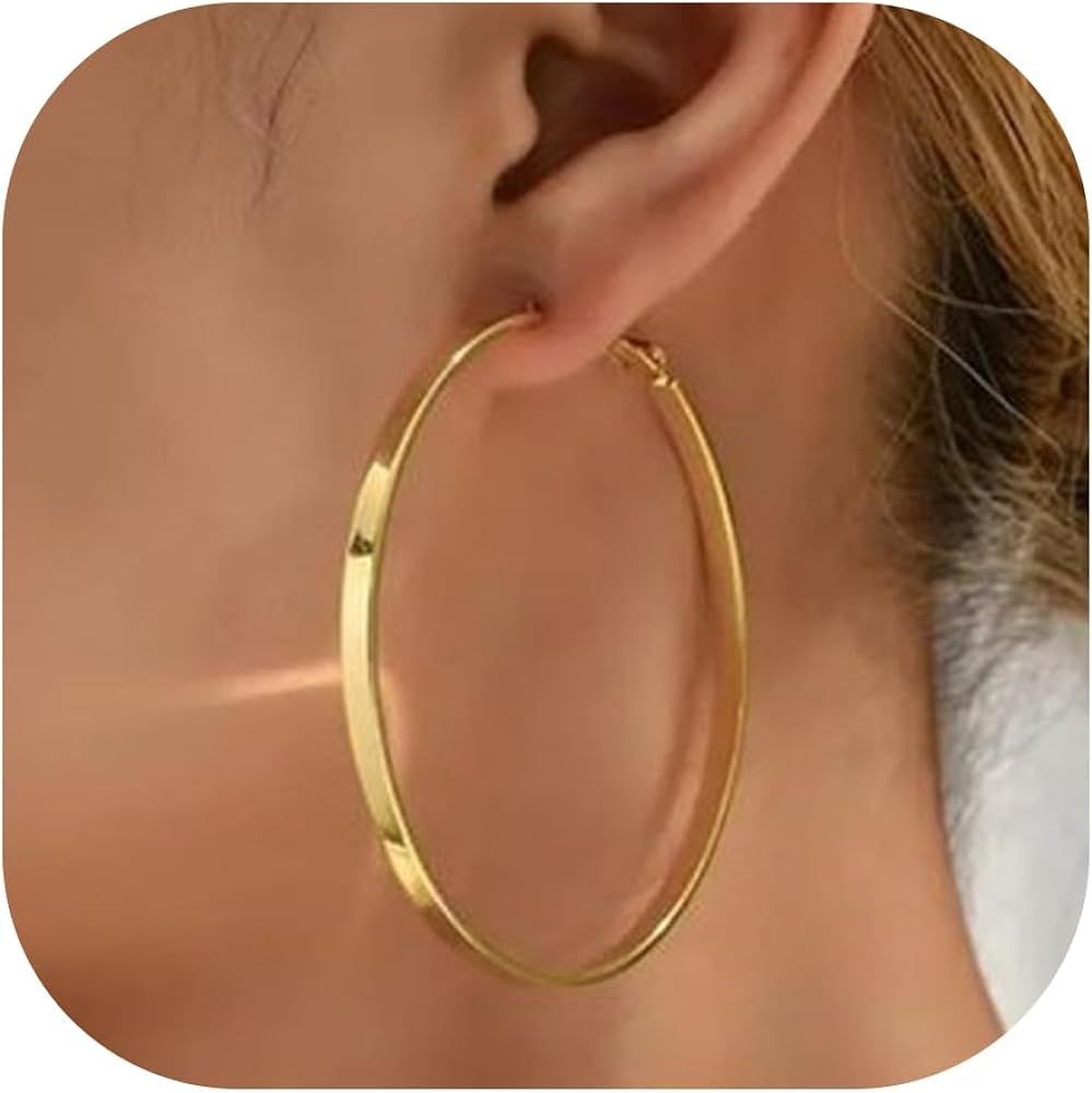 5mm Wide Gold Hoop Earrings 14k Gold Plated Large Big Flat Hoops for Women Lightweight Hypoallerg... | Amazon (US)