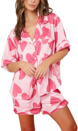 Yiulangde Heart Pjs Sets Galentine's Day Pajamas for Women 2 Piece Love Heart Print Button Down Pj Shorts Two Piece Pajama Set Sleepwear | Amazon (US)