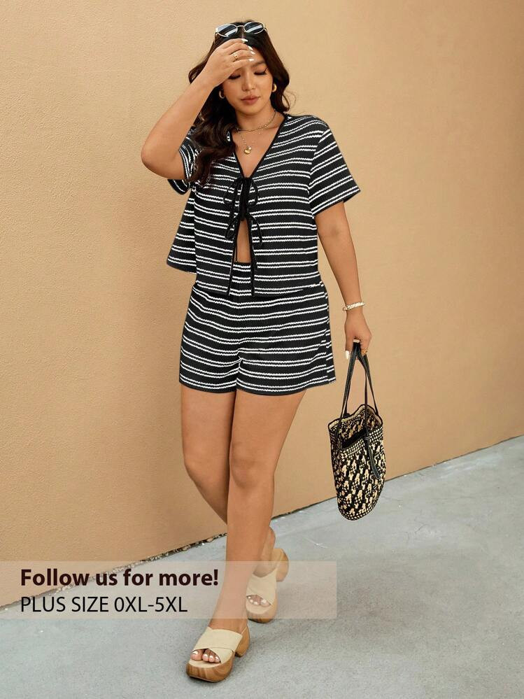Elaquor Plus Size 2pcs/Set Striped Short Sleeve Shirt And Shorts,2 Pieces Summer Outfit,Business Casual Woman Spring | SHEIN