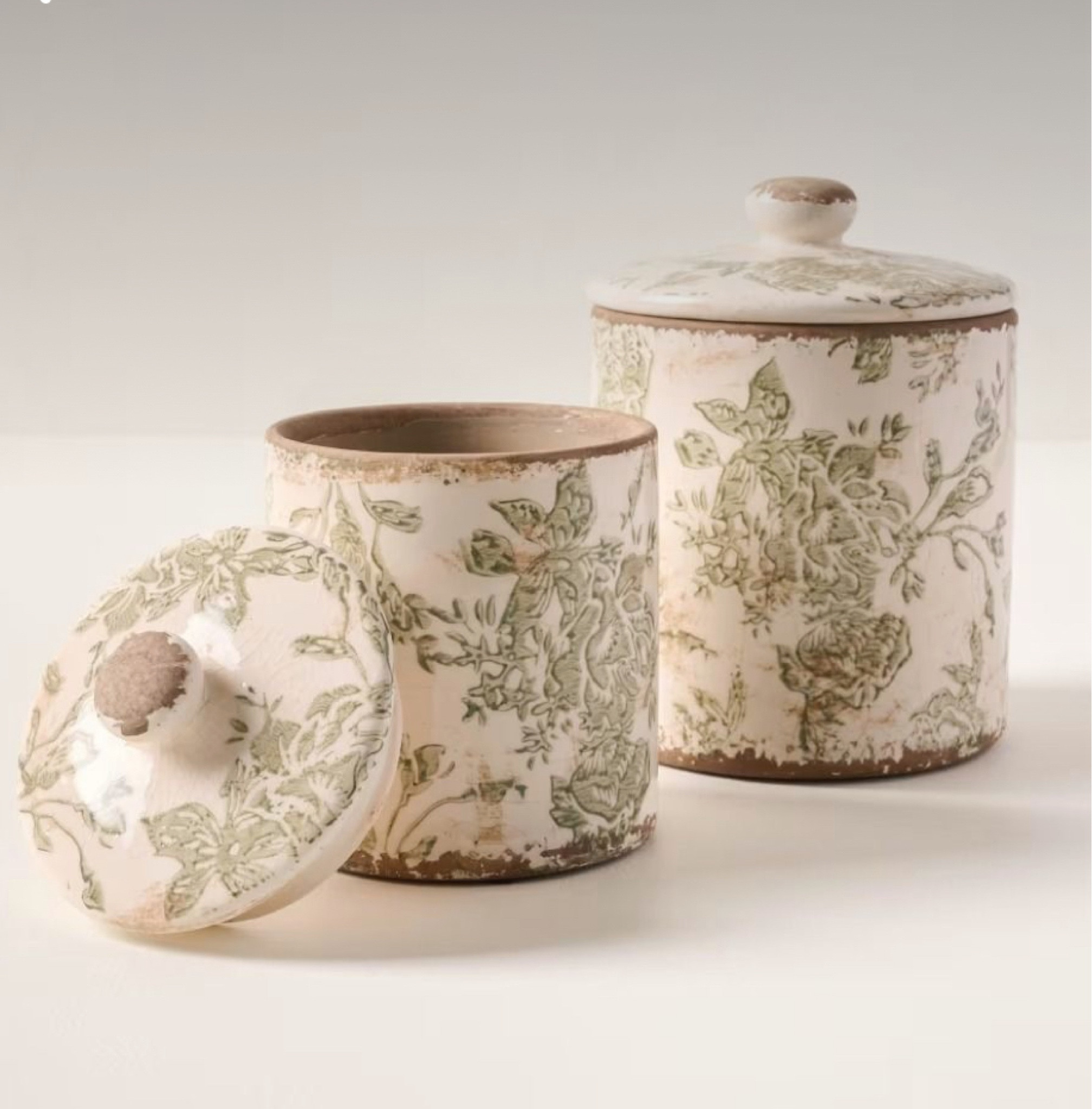 An extension of our distressed vase collection, this ceramic canister features greyish-green motifs on a white base that nods to years past. Topped with a knobbed lid, this charming canister is available in two sizes, small and large. Decorative only.

#LTKHome #LTKFindsUnder50 #LTKStyleTip