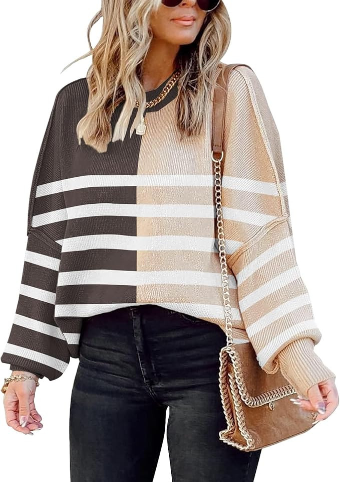 Womens Sweaters Causal Crewneck Batwing Sleeve Knit Top Side Split Oversized Pullover Sweater Loo... | Amazon (US)