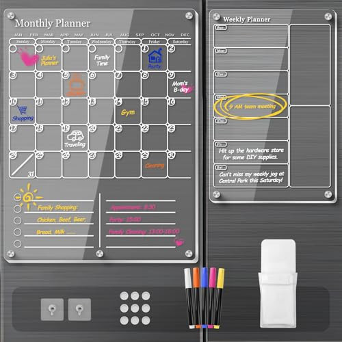 Acrylic Magnetic Calendar for Refrigerator, Clear Dry Erase Board Fridge Calendar for Wall, Monthly Calendar to Do List Board, Calendar WhiteBoard, Kitchen Menu Board Meal Planner (2 Pack, White) | Amazon (US)