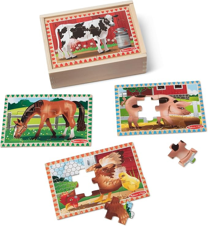 Melissa & Doug 4‑in‑1 Wooden Farm Jigsaw Puzzle Set, 48 Pieces with Storage Box, Toddler Puzz... | Amazon (US)