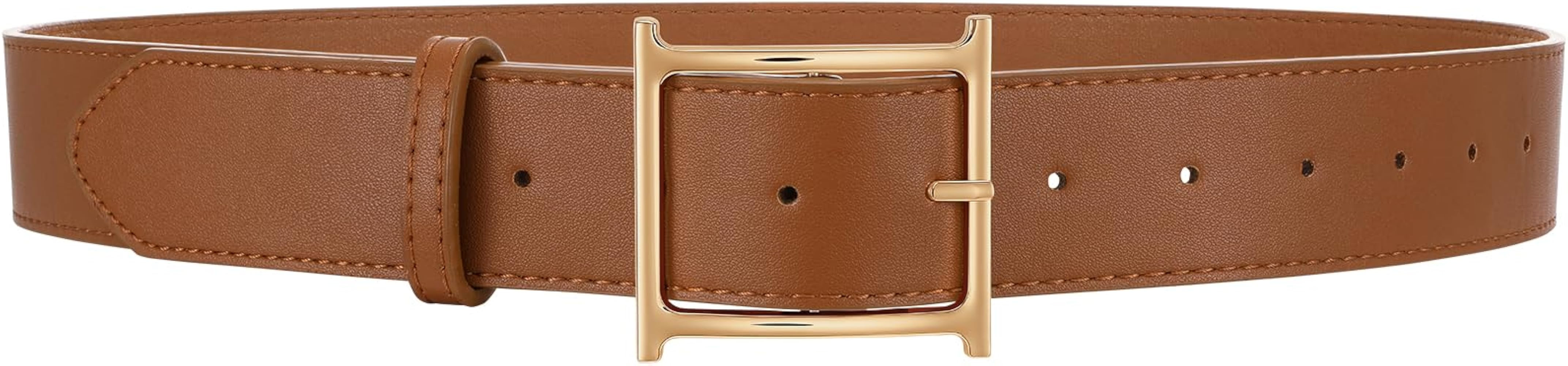 Women Leather Belt Ladies Retro Dresses Belt with Square Gold Buckle 1.5’’ Width | Amazon (US)