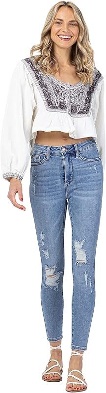 Judy Blue Women's High Waisted Destroyed Tummy Control Skinny Jeans | Amazon (US)