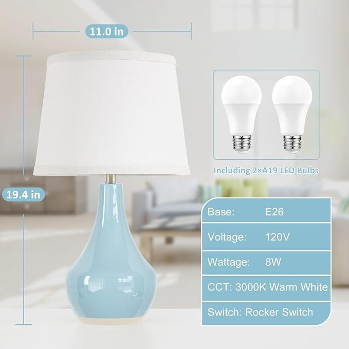 Seealle 19.4" Modern Sky Blue Table Lamp Set of 2-Bedside Lamps for Nightstand, Bedroom Lamp for ... | Amazon (US)