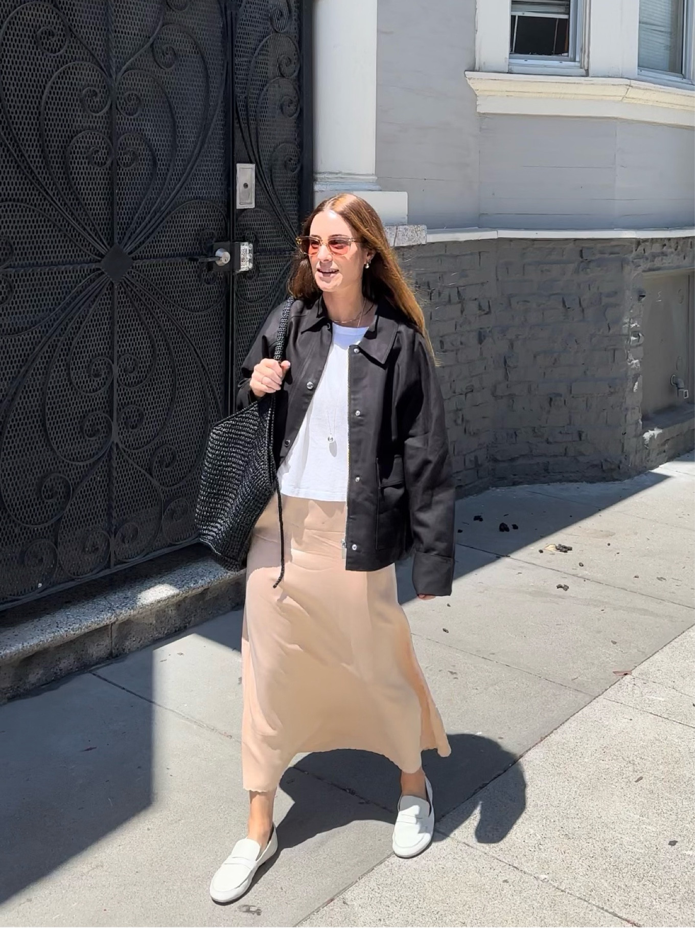 Tee over an older Dôen slip dress! And slightly cooler temps in SF yesterday so I brought this cargo jacket with me. It’s the ideal light layer. I’m going to have the sleeves altered (I cuffed them here) but otherwise the fit is perfect / slightly boxy shape that I’ve been wanting. (Size down, I’m wearing the 30)