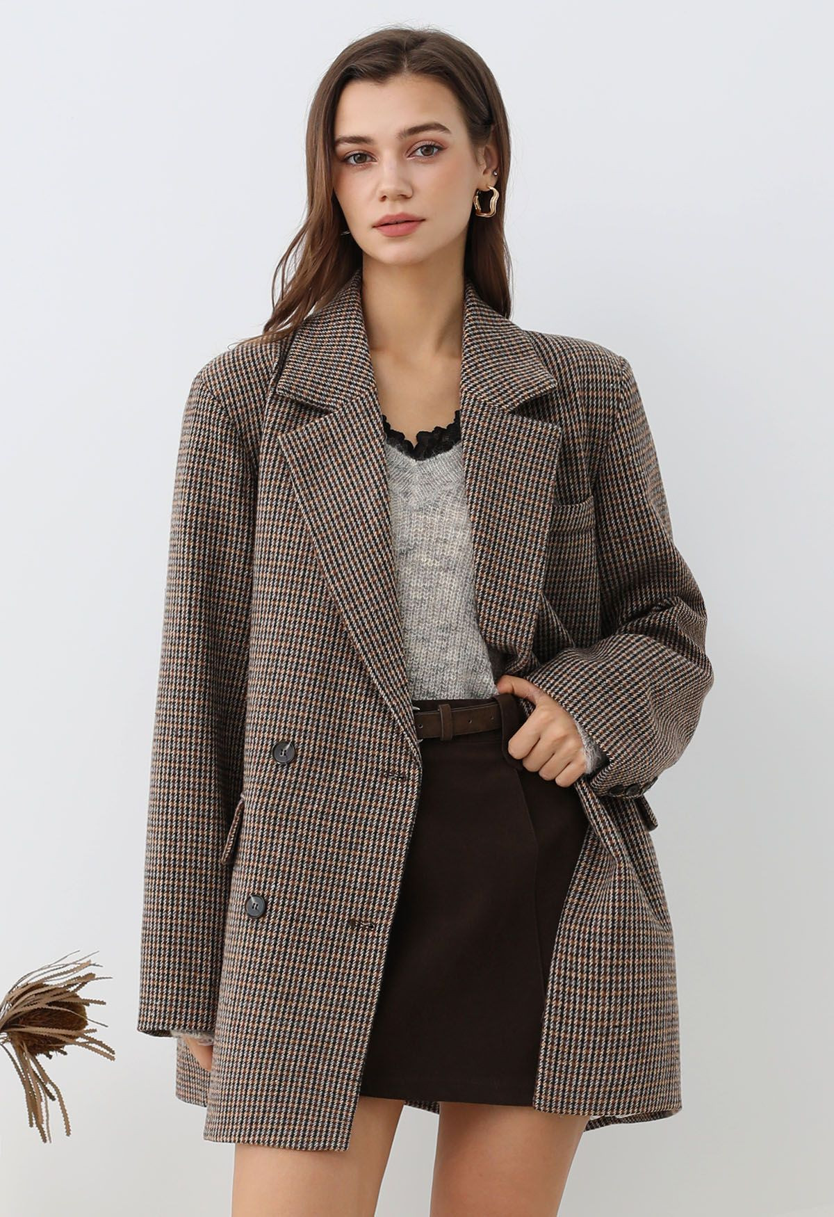 Edler zweireihiger Blazer aus Wollmischung mit Hahnentrittmuster | Chicwish