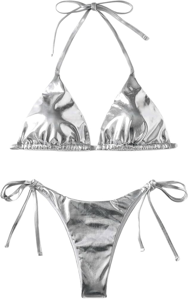 SweatyRocks Women's 2 Piece Metallic Bathing Suit Halter Triangle Bikini Tie Side Swimsuit | Amazon (US)