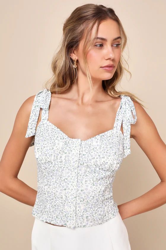 Casual Sweetness Ivory Floral Lace Button-Front Tie-Strap Top | Lulus