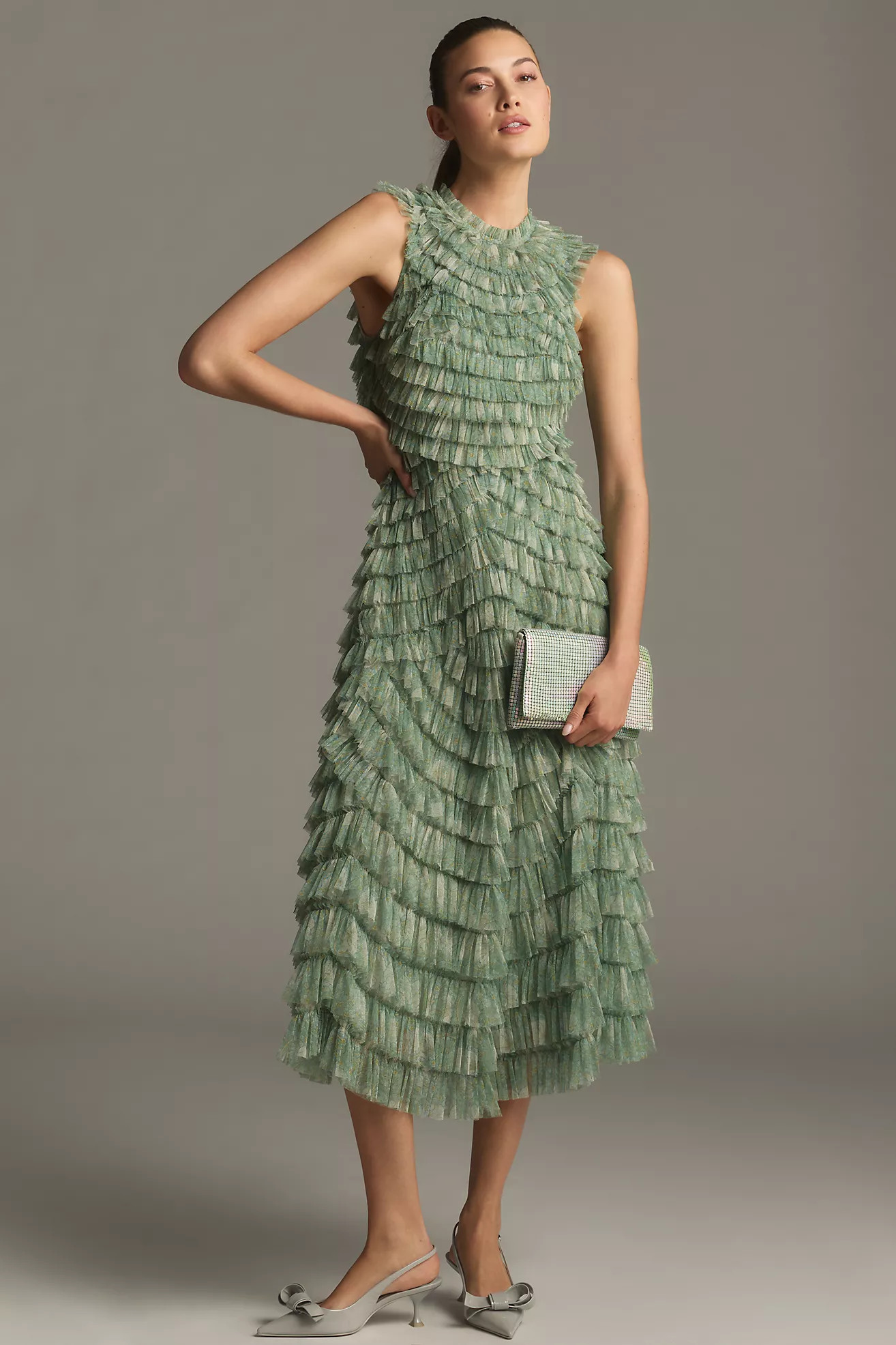 Mac Duggal Sleeveless High-Neck Micro Ruffled Midi Dress | Anthropologie (US)