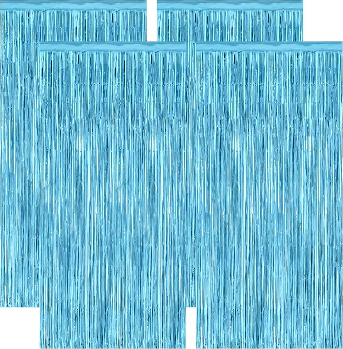 4 Pack Party Decorations, 3.28 FT x 7.05 FT Blue Foil Streamers, Metallic Sky Blue Backdrop Fring... | Amazon (US)