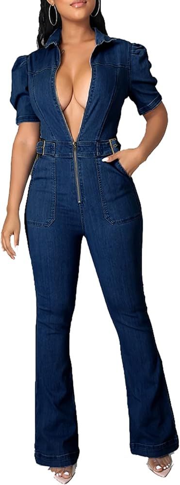 BestGirl Jean Jumpsuits for Women Casual One Piece Zip Up Short Sleeve Jeans Playsuit Overalls | Amazon (US)