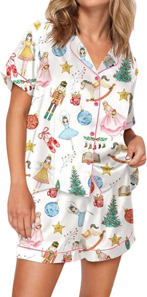 Aonoapll Women Christmas Pajama Set Nutcracker Printed Short Sleeve Button Shirt and Shorts 2 Pie... | Amazon (US)