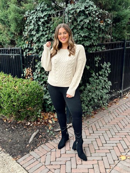 Holidays at home? This comfy cozy outfit is perfect to stay in! The sweater runs true to size and is not scratchy or itchy. The leggings have a more low rise fit. Wearing size XL in both. 

#LTKmidsize #LTKHoliday #LTKSeasonal