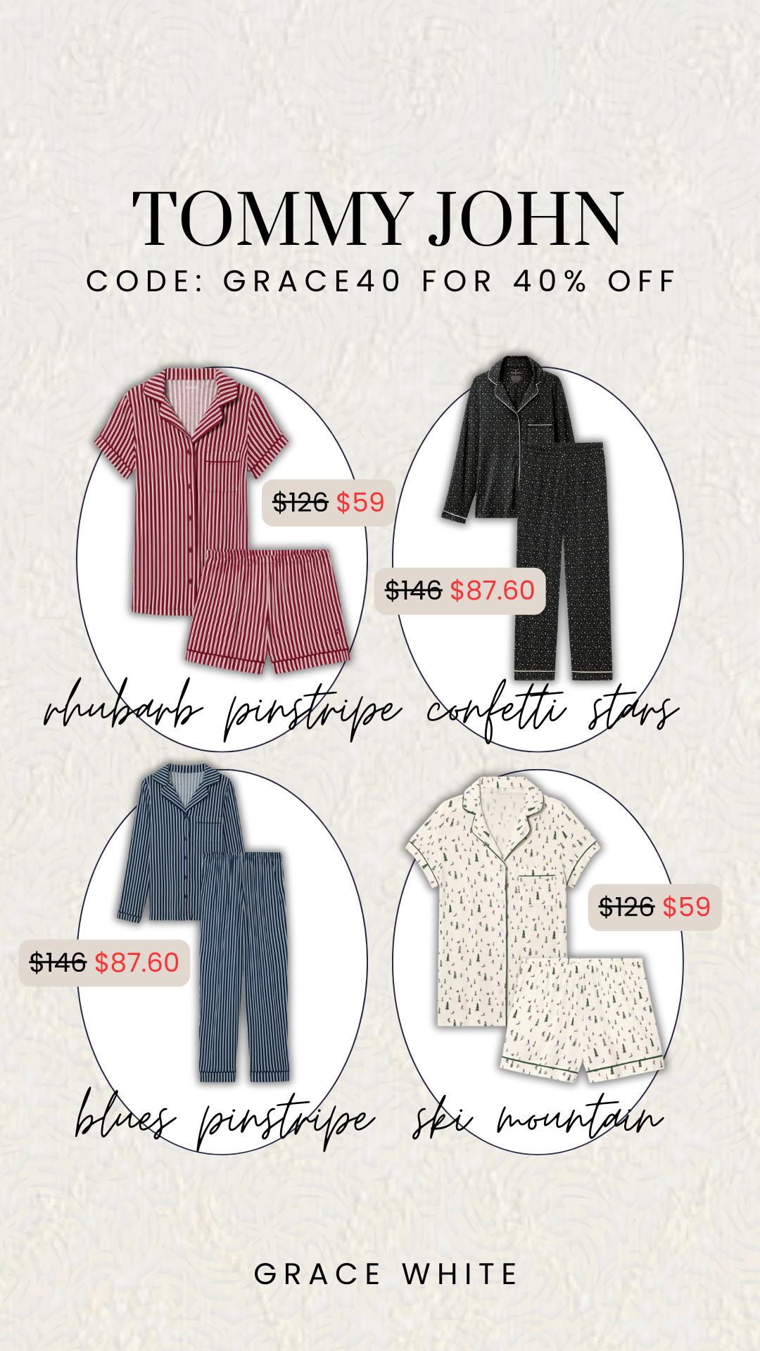 Get your pjs 40% off with code: GRACE40

tommy john, tommy john pjs, pj sets, pj sets on sale, promo code, tommy john promo code, tommy john discount, Grace White 

 #LTKGiftGuide #LTKHoliday #LTKSaleAlert