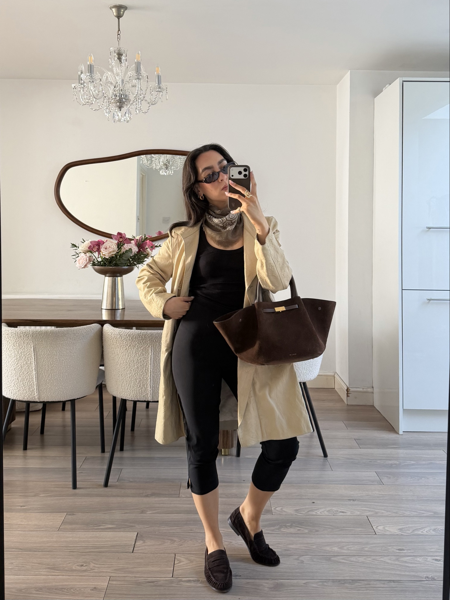 Bandana scarf, paisley scarf, capri pants, loafers