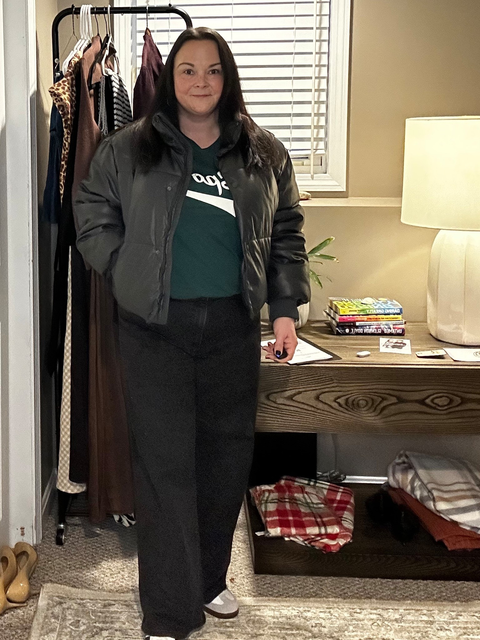 Outfit details from today’s teacher Spirit Day look.
Wide-leg black jeans (midsize-friendly), a graphic tee, white sneakers, and a cropped black puffer — my go-to casual Friday teacher outfit.
This look works for teachers, moms, and anyone needing a comfortable, easy, everyday outfit for fall and winter.

Keywords:
teacher outfit
teacher outfit idea
spirit day outfit
casual Friday outfit
midsize outfit
midsize fashion
size 14/16 outfit
wide leg jeans outfit
black jeans outfit
neutral outfit
casual school outfit
teacher wardrobe
teacher capsule wardrobe
teacher winter outfit
midlife style
mom outfit ideas

#LTKootd #LTKMidsize #LTKmomlife