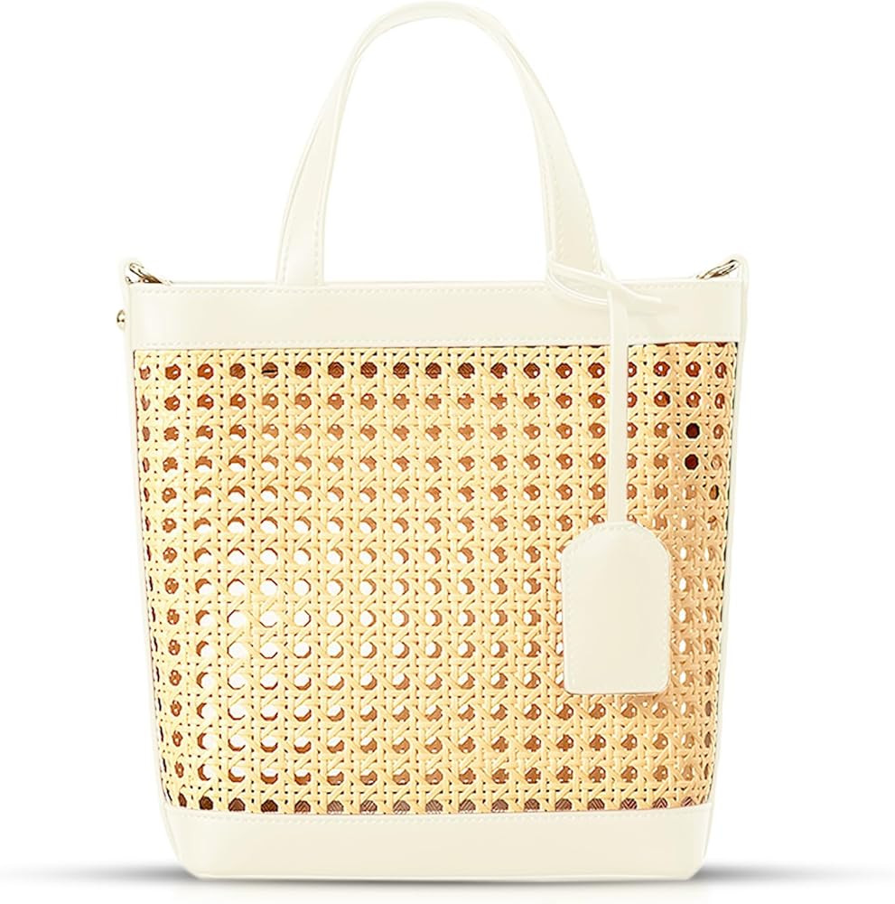 Beach Bag, Bamboo Openwork Straw Bag Stitched Leather, With Adjustable Shoulder Strap, Crossbody ... | Amazon (US)