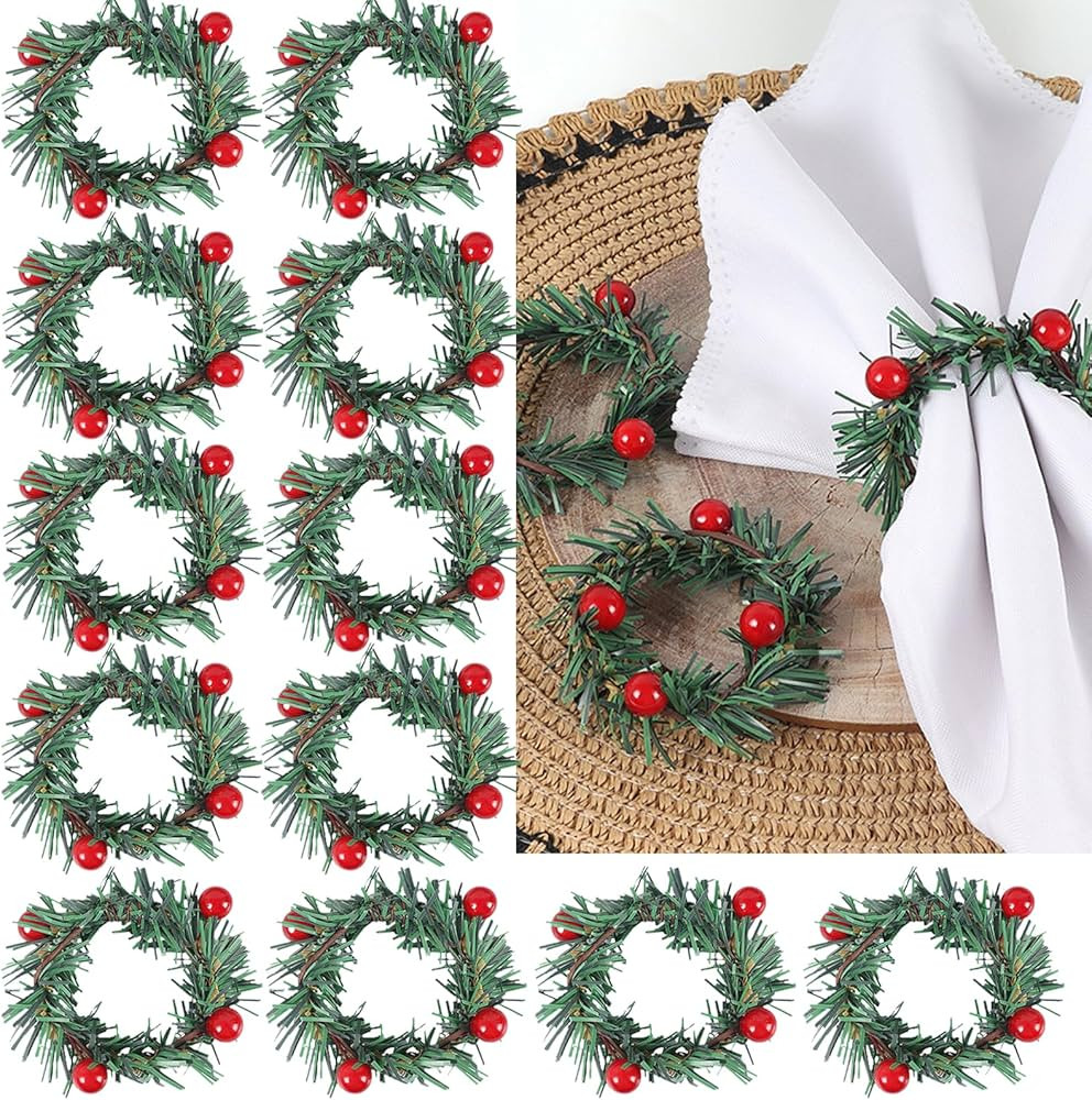 12 Pieces Christmas Napkin Rings Needles Wreath Pines Red Berries Live-Like Handmade Candle Ring ... | Amazon (US)