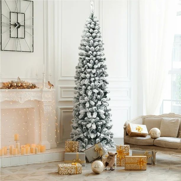 Costway 7.5Ft Unlit Hinged Snow Flocked Artificial Pencil Christmas Tree w/ 641 Tips - Walmart.co... | Walmart (US)