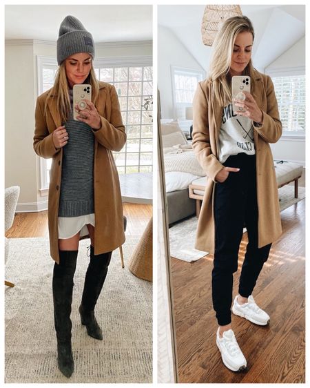 Abercrombie Dad coat styled 2 ways // 30% off + several colors // I’m 5’5 wearing size small regular 

•Amazon sweater (small) 
•dress (small) 
•grey boots old, linked similar 
•grey sweatshirt old Abercrombie 
•Spanx joggers (small) 10% off with code: KENDALLXSPANX
•Nike sneakers fit tts 

#LTKunder100 #LTKSeasonal #LTKsalealert