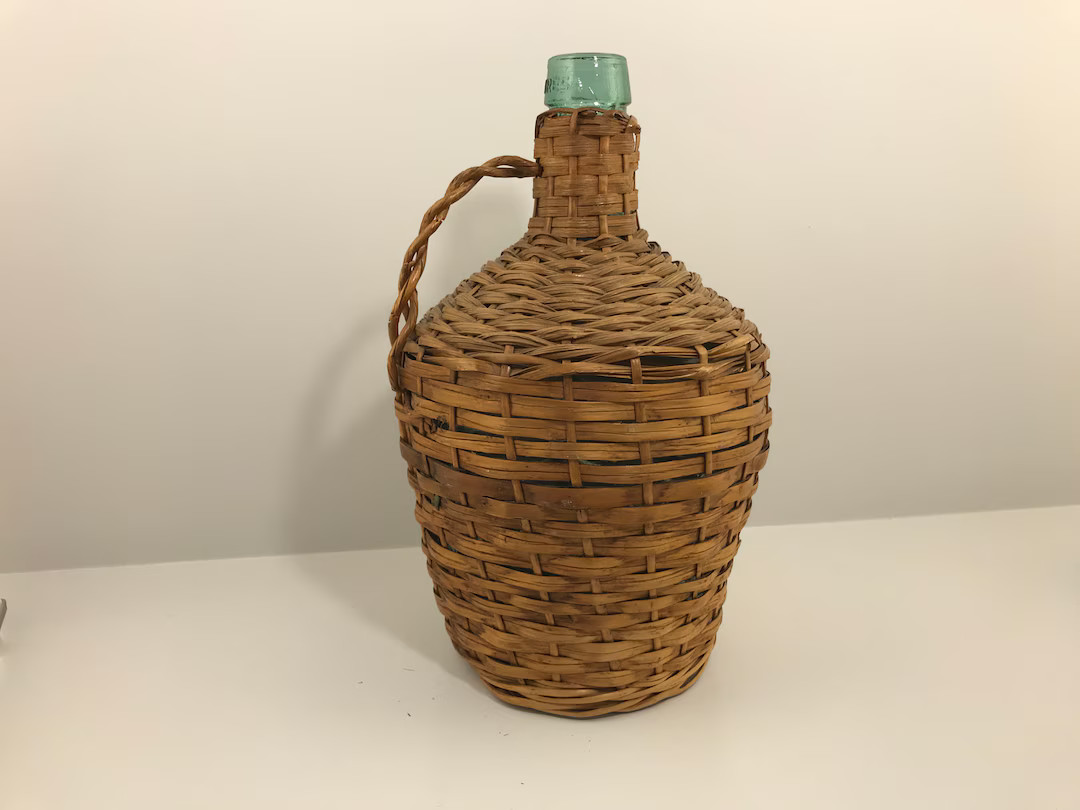 Wicker Wrapped VIRESA Demijohn Wine Bottle, Large Vintage Green Glass Bottle Jug With Handle, Spa... | Etsy (US)