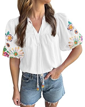 Women's Casual Floral Embroidered V Neck Boho Puff Short Sleeve Shirts Loose Tunic Summer Blouses... | Amazon (US)