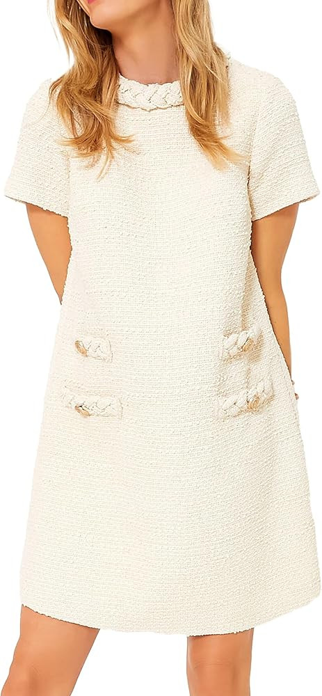 Ladyful Womens Tweed Jackie Dress Short Sleeve Elegant Crew Neck Business Party Vintage Button Bo... | Amazon (US)