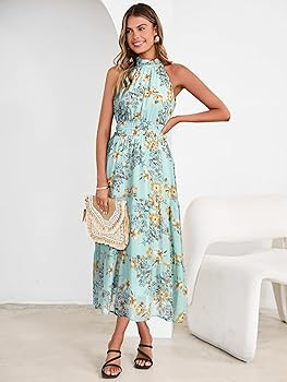 Simplee Womens Summer Halter Wedding Guest Dress Maxi Floral Vacation Boho Sundresses Flowy Forma... | Amazon (US)