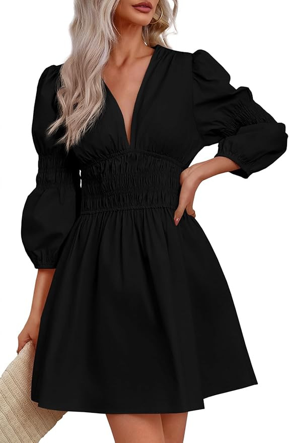 Fisoew Women's Deep V Neck Mini Dress Casual Puff Long Sleeve Smocked Waist Short Dresses | Amazon (US)
