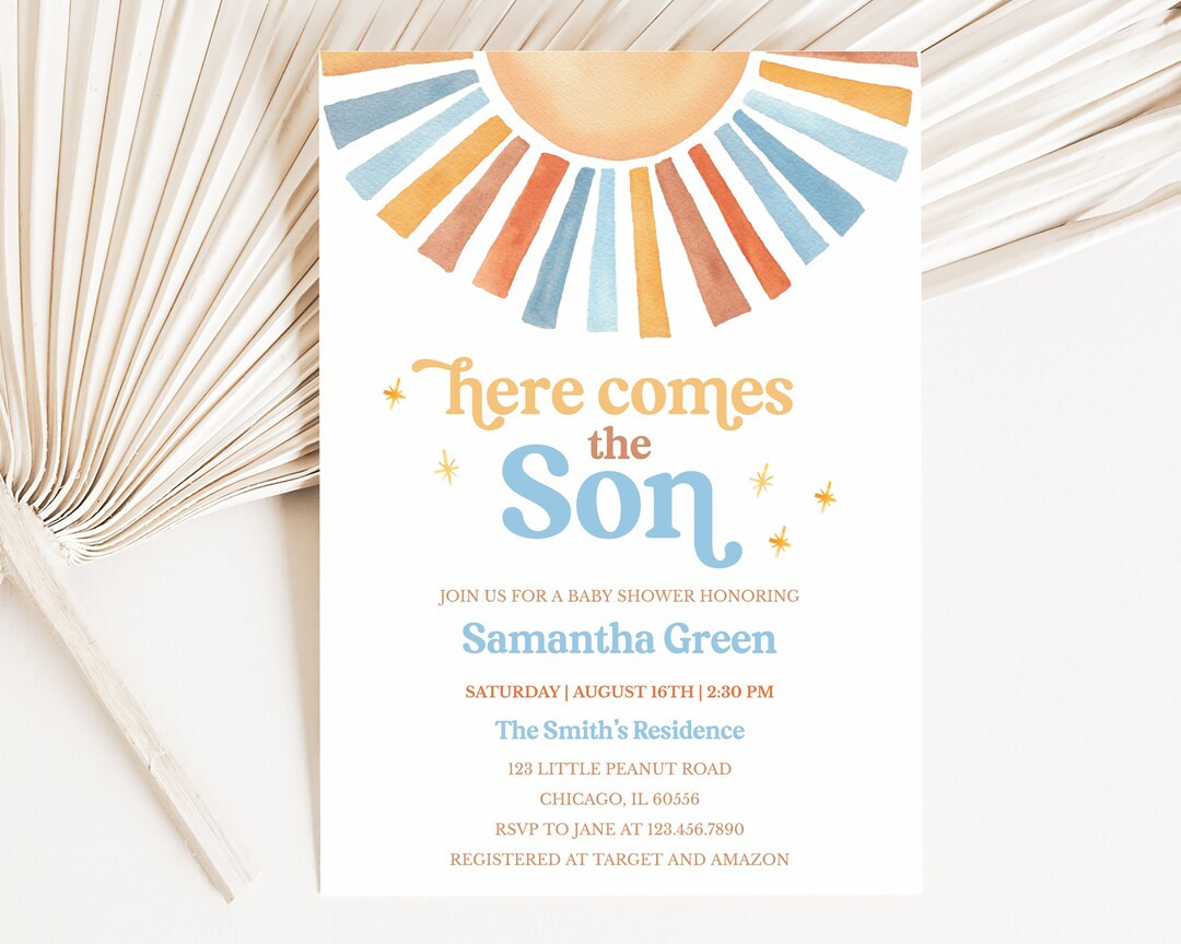 Editable Sunshine Baby Shower Invitation, Here Comes the Son Baby Shower Invite, Boy Sonshine Bab... | Etsy (US)