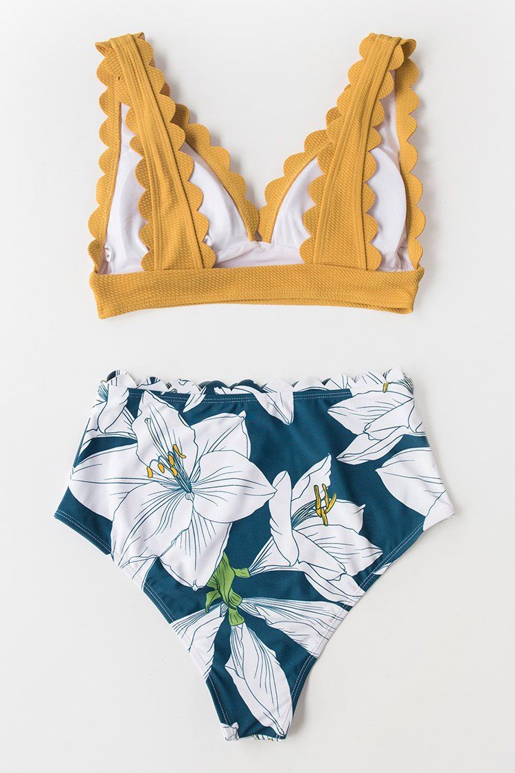 Yellow and Floral V-Neck Scalloped Bikini | Cupshe